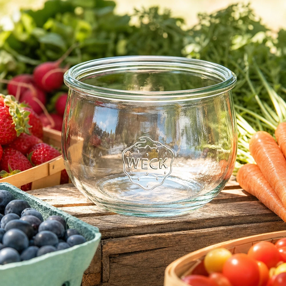 Słoik tulipanowy WECK RR100 o pojemności 580 ml WECK tulipan słoik 580ml RR100 szklany słoik na przetwory z logo otoczony świeżymi owocami i warzywami na drewnianym stole