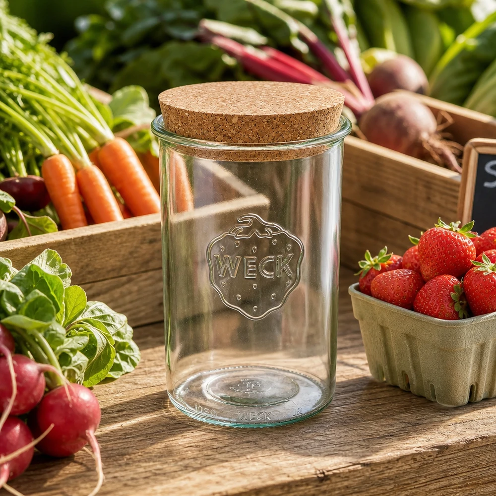Tumbler 1000ml WECK RR100 z korkiem naturalny WECK Sturzglas 1000ml RR100 mit Korken zwischen frischem Gemüse und Erdbeeren natürliche Küchenszene Vorratsglas