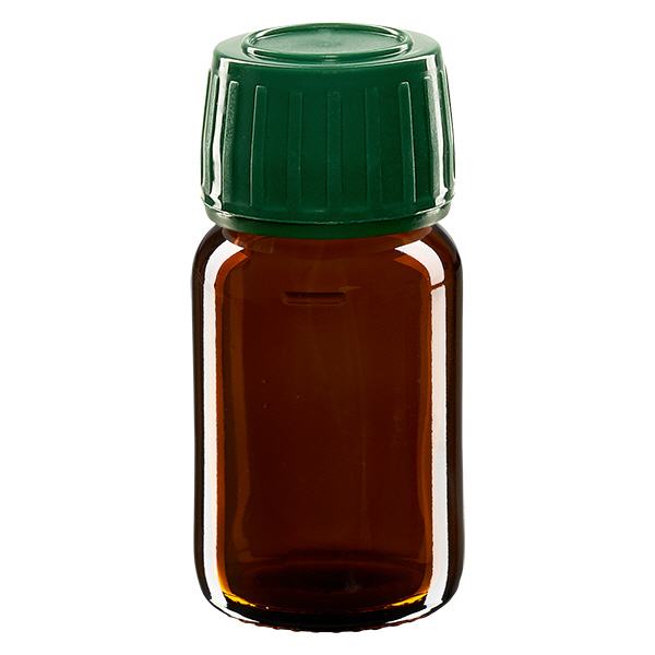 Butelka 30 ml brązowa, zakrętka zielona z pierścieniem zabezpieczającym ApoGlas. Farmaceutyczna jakość produkcji UE. Gwint 28 mm (PP28). (syrop, butelka z lekkiego szkła) Butelka 30 ml brązowa, zakrętka zielona z pierścieniem zabezpieczającym ApoGlas. Farmaceutyczna jakość produkcji UE. Gwint 28 mm (PP28). (syrop, butelka z lekkiego szkła)