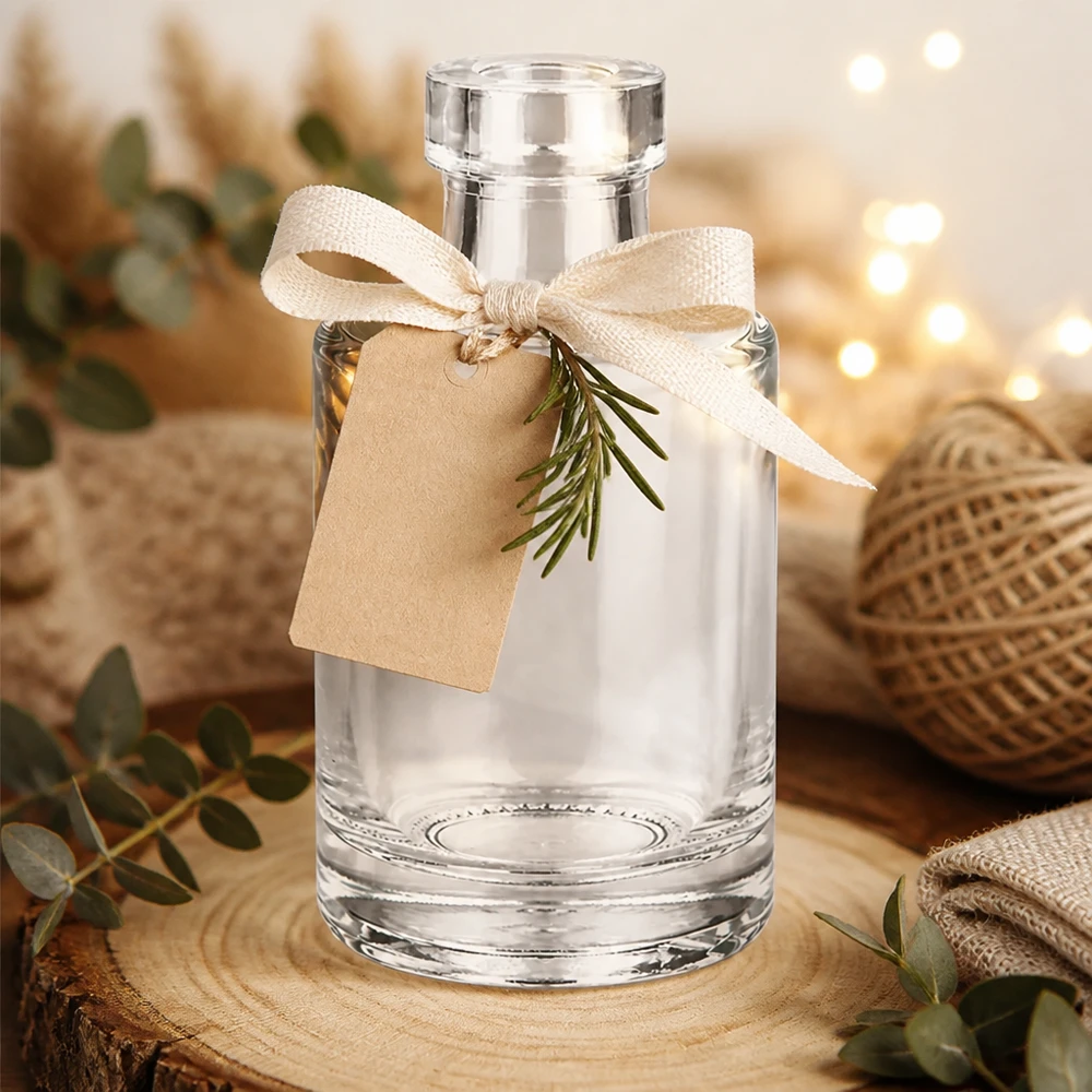 Szklana butelka 100 ml Marie bez zamknięcia UNiTWIST® Szklana butelka Marie o pojemności 100 ml ozdobiona zawieszką ze wstążki prezentowej i rozmarynem w przytulnej atmosferze z lampkami choinkowymi.