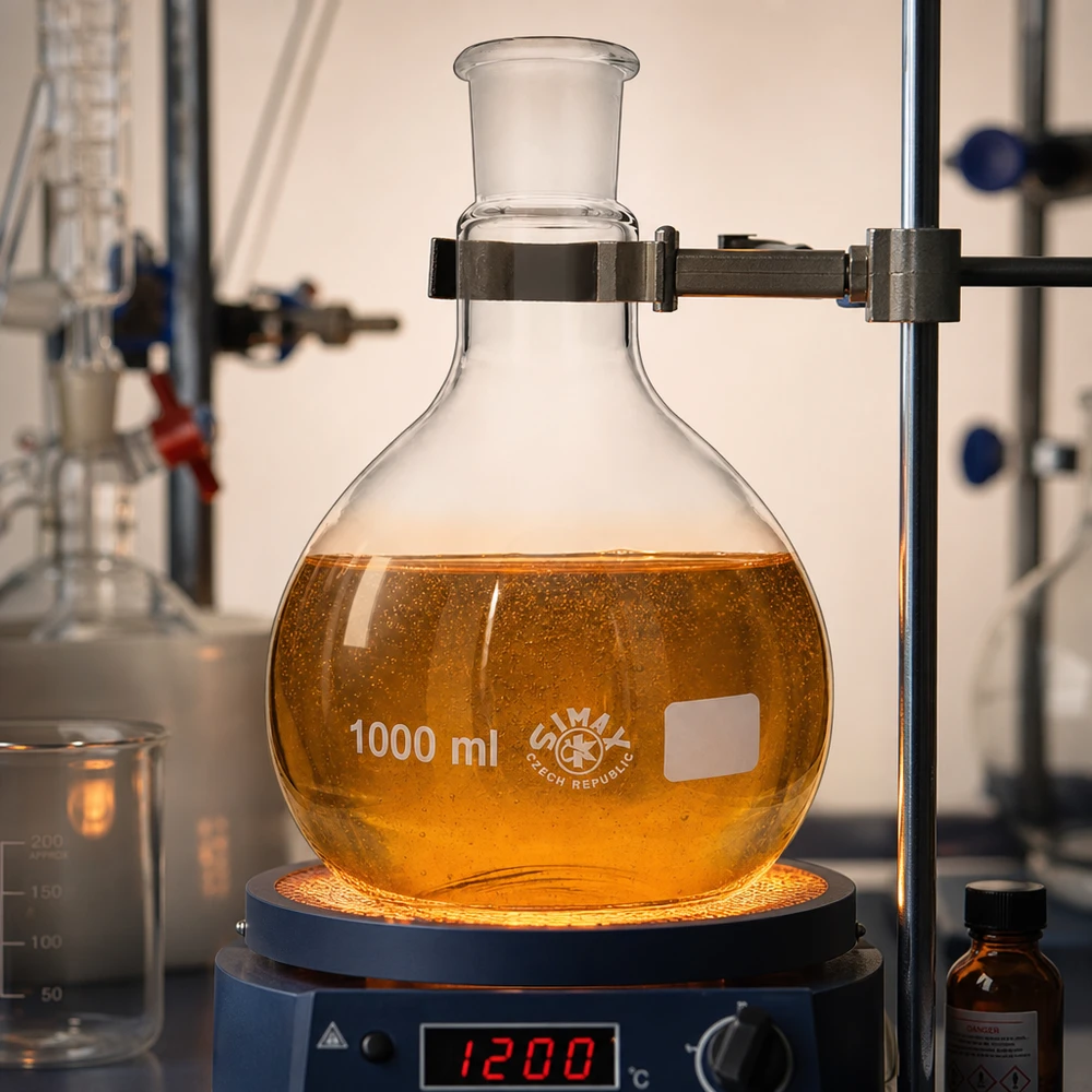 Gorąca kolba 1000 ml na płycie grzejnej w temperaturze 120°C z pomarańczowym roztworem i standardowym szlifem 29/32