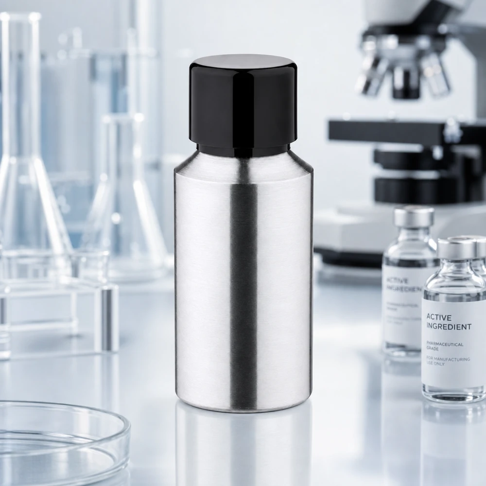 Butelka z polerowanego aluminium o pojemności 30 ml z zakrętką Butelka z polerowanego aluminium o pojemności 30 ml z czarną zakrętką, idealna do profesjonalnych zastosowań laboratoryjnych