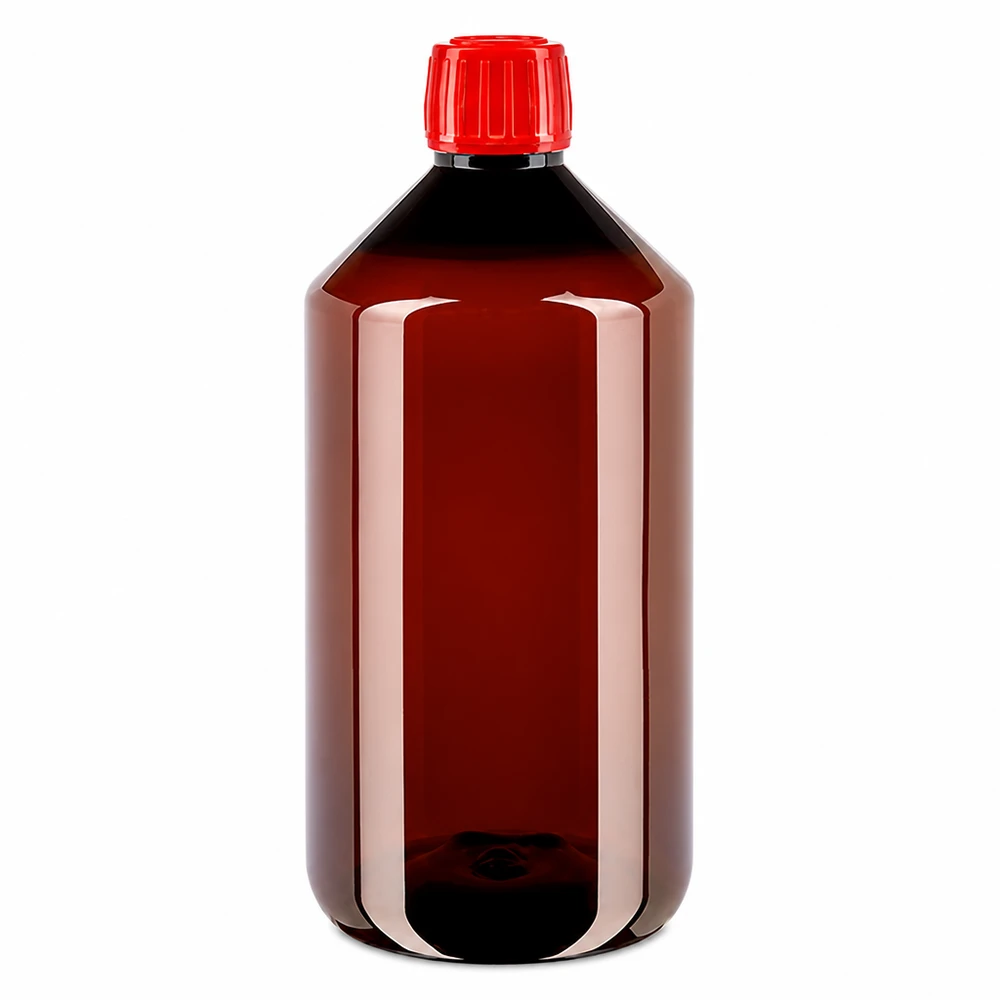 Brązowa butelka PET o pojemności 750 ml z oryginalnym czerwonym zamknięciem, przeznaczona dla branży farmaceutycznej i chemicznej