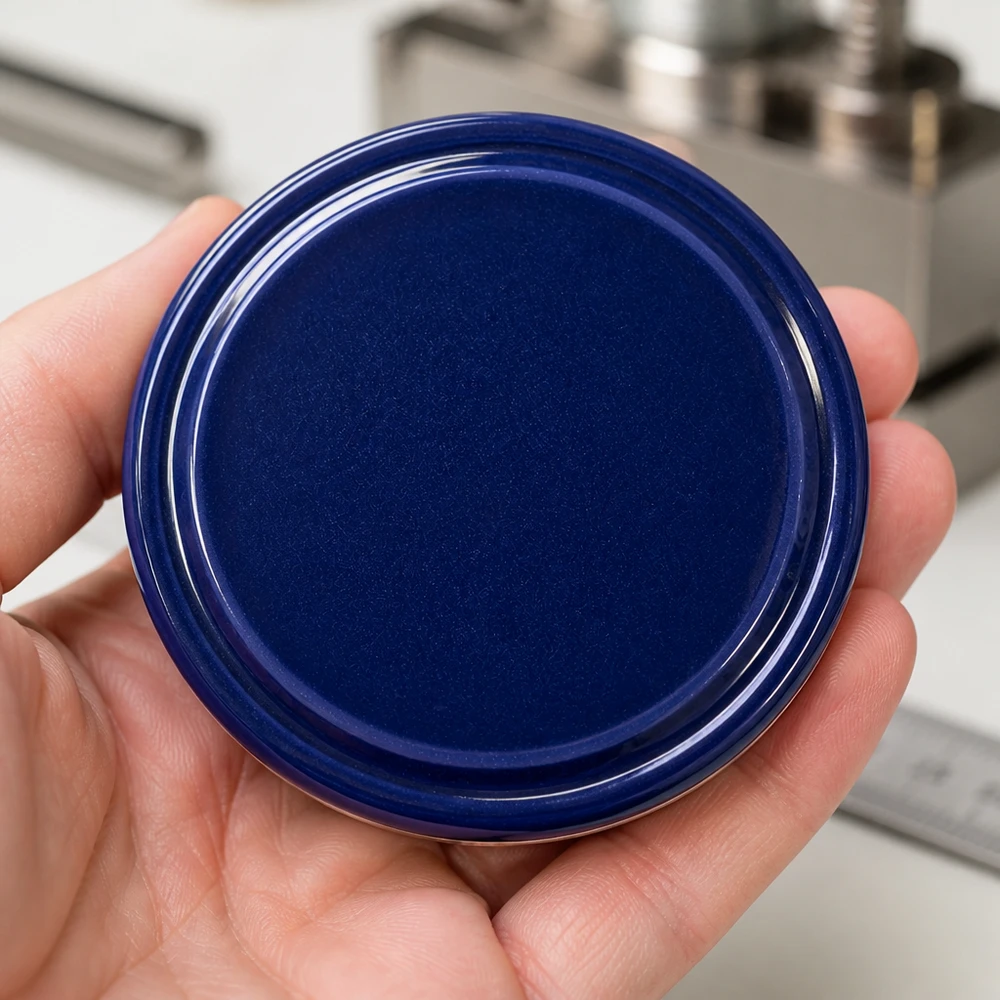 Pokrywka BasicSeal 82 mm, niebieska (TO82) UNiTWIST Widok z góry na niebieską pokrywkę BasicSeal TO82 82 mm o gładkiej powierzchni, z zamknięciem UNiTWIST Twist-Off