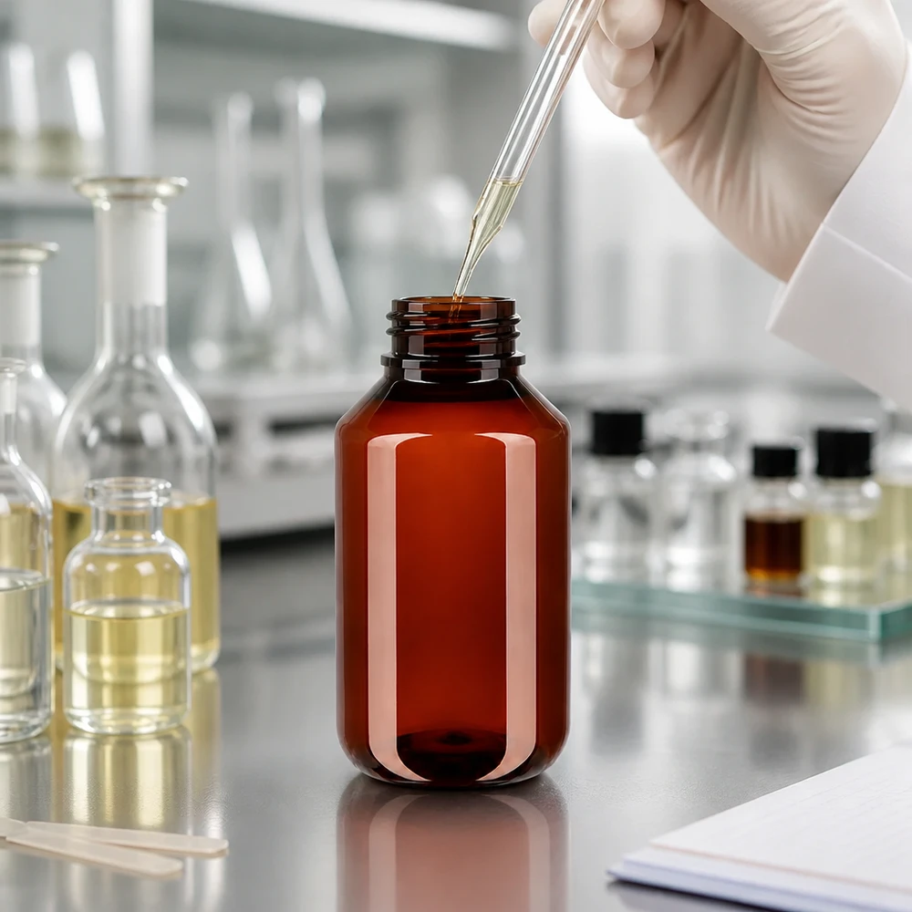 Butelka PET 50 ml z białym karbowanym OV Scena laboratoryjna z brązową butelką PET o pojemności 50 ml i pipetą podczas precyzyjnego napełniania płynem