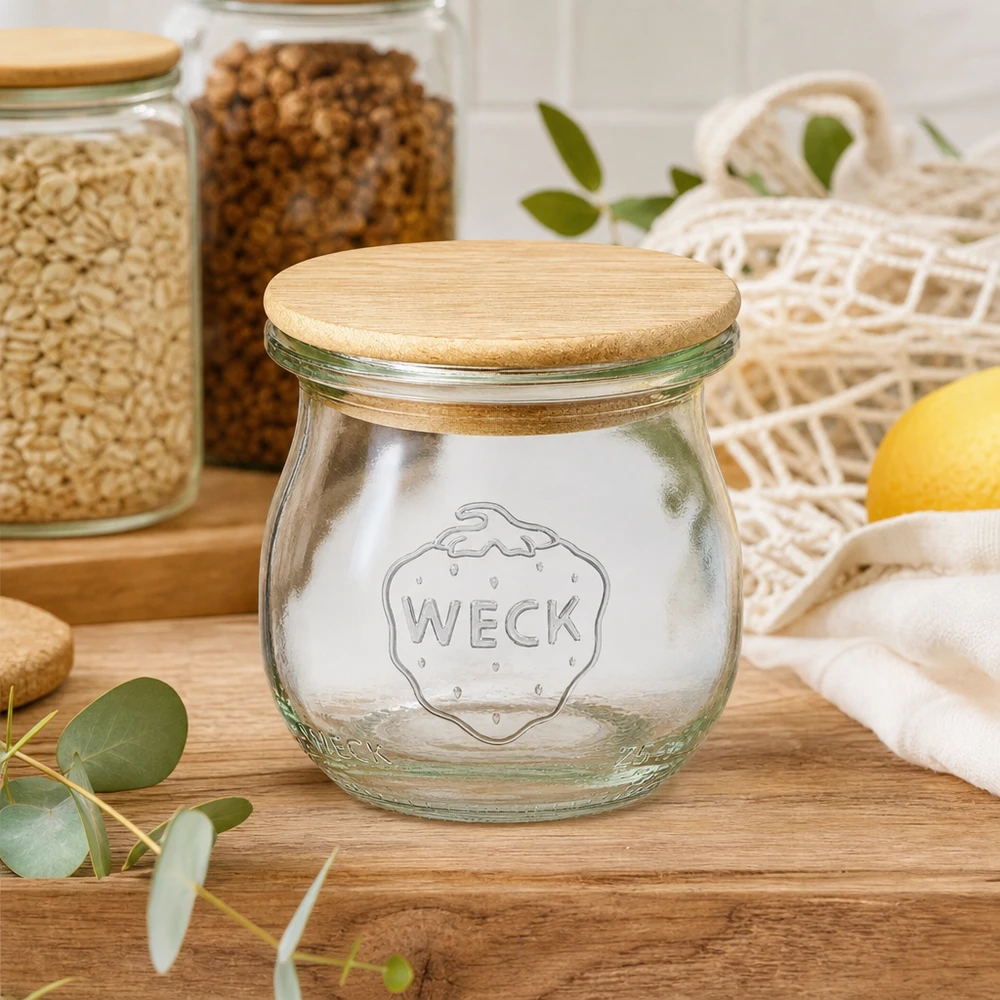 Słoik tulipanowy 75 ml WECK RR40 z drewnianą pokrywką WECK tulipan słoik 75ml RR40 pusty z drewnianą pokrywką w zrównoważonej kuchni między słoikami do przechowywania i siatkami na zakupy