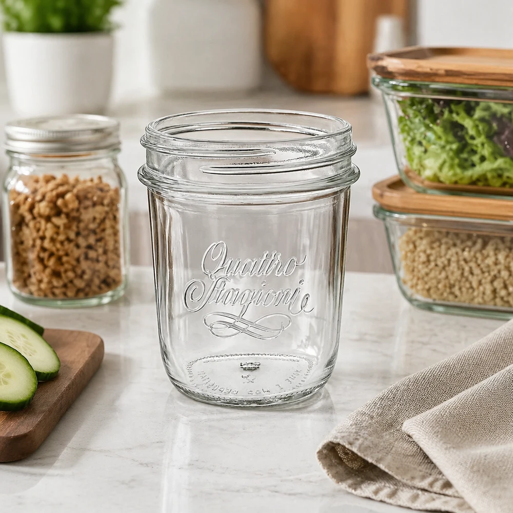 Kubki "Quattro Stagioni" o pojemności 320 ml QS86 mm Quattro Stagioni Sturzglas 320ml auf Küchentheke mit Lebensmitteln - elegantes Einmachglas für Vorratshaltung