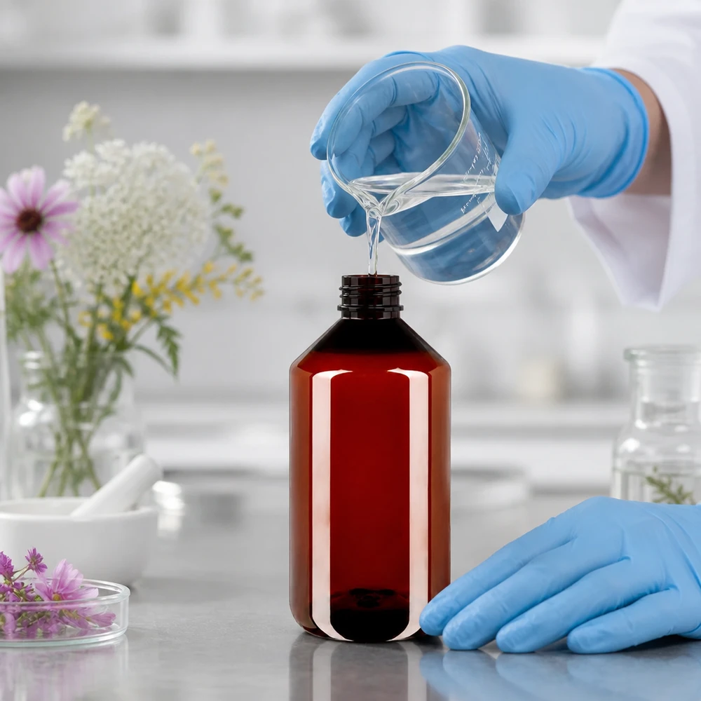 Butelka PET 750 ml z białym karbowanym OV Brązowa butelka PET o pojemności 750 ml z białym, żłobkowanym zamknięciem typu OV do płynów
