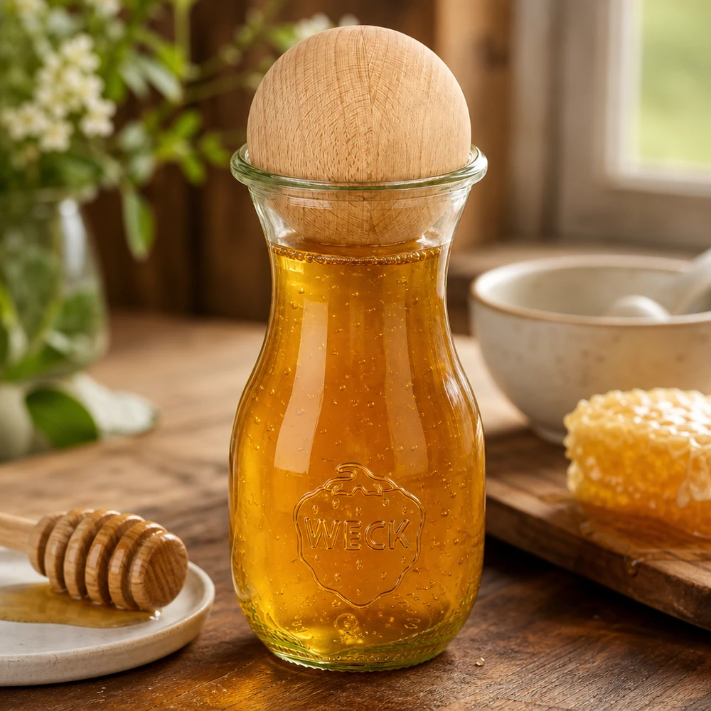 Butelka na sok 290 ml WECK RR60 z drewnianą kulką buk Butelka na sok WECK 290ml wypełniona miodem i kulką z drewna bukowego, ozdobiona plastrem miodu i łyżeczką do miodu