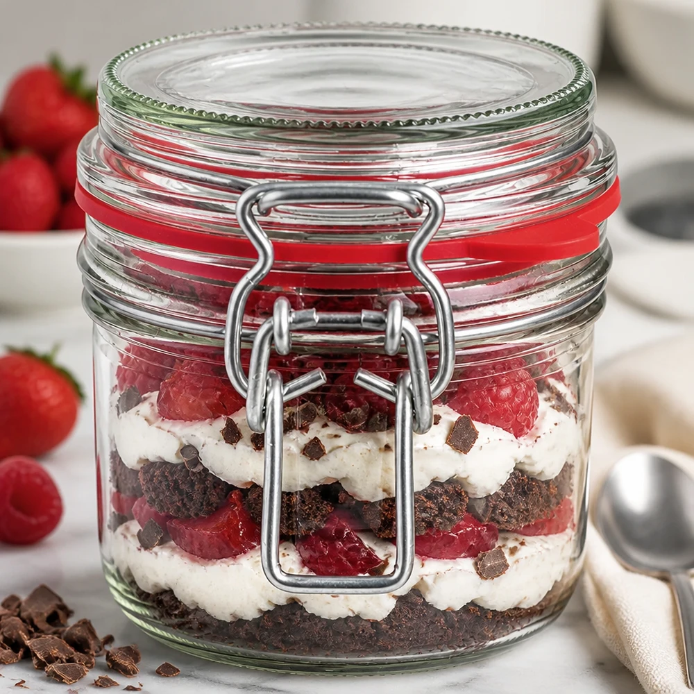 Słoik do przechowywania o pojemności 255 ml, typ G, z zamknięciem na zatrzask UN.. 255ml Bügelverschluss-Glas mit geschichtetem Erdbeer-Schoko-Dessert, perfekt für Trifle und süße Leckereien