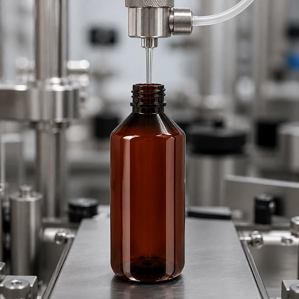 Automatyczna linia rozlewnicza napełnia brązową butelkę PET o pojemności 1000 ml z zielonym oryginalnym zamknięciem