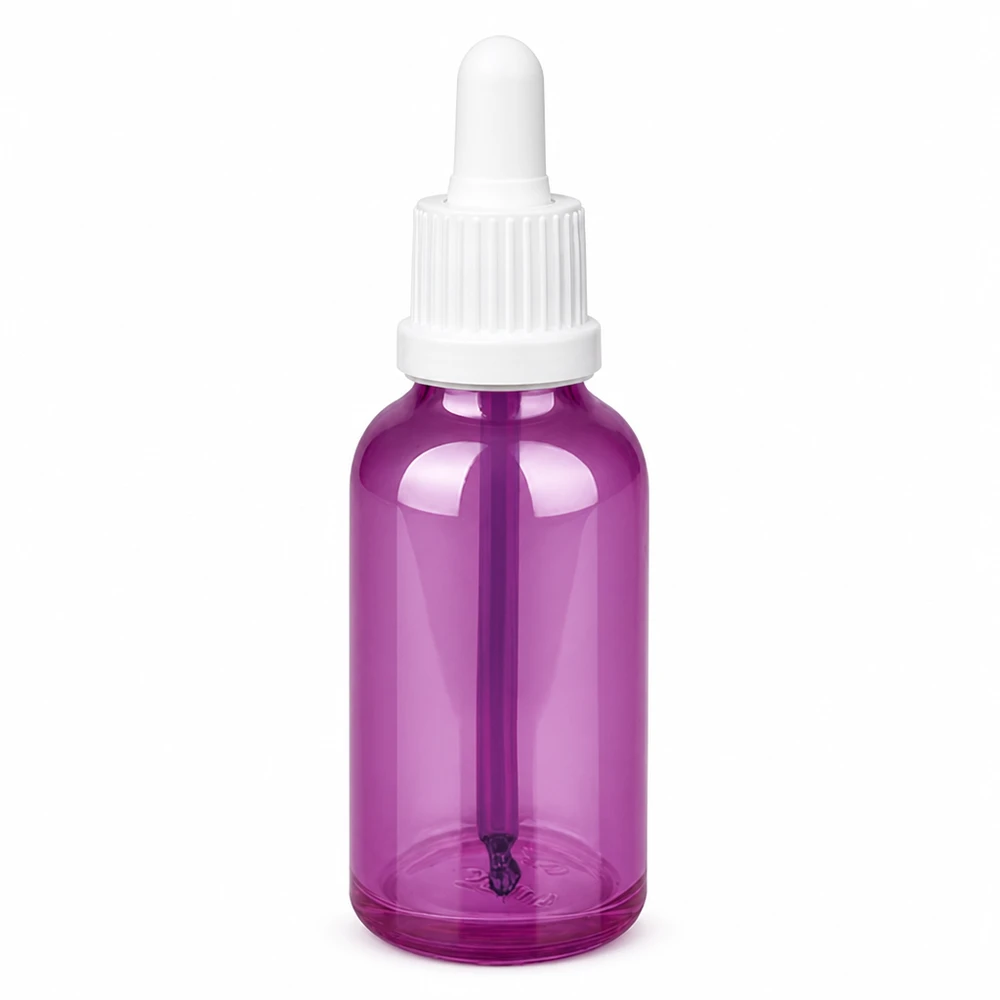 Butelka z pipetą o pojemności 30 ml, przezroczysta, fioletowa, z białą zakrętką do precyzyjnego dozowania