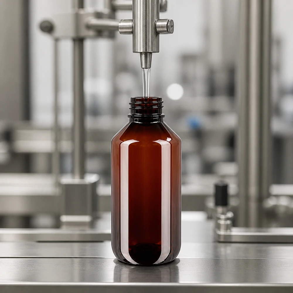 Automatyczne napełnianie brązowej butelki PET o pojemności 200 ml z białym opakowaniem zewnętrznym na linii produkcyjnej