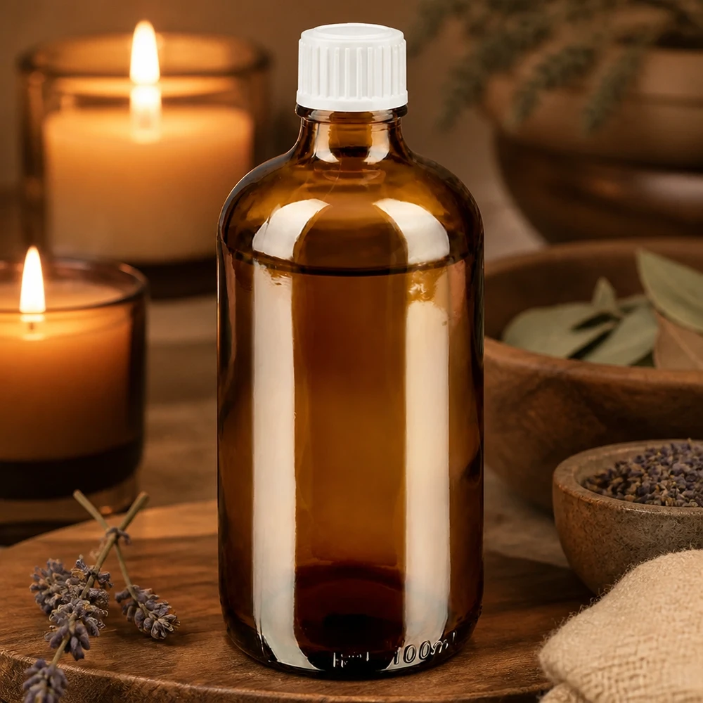 Szklana butelka o pojemności 100 ml w kolorze bursztynowym z białą nakrętką dozującą, idealna do aromaterapii i kosmetyków naturalnych