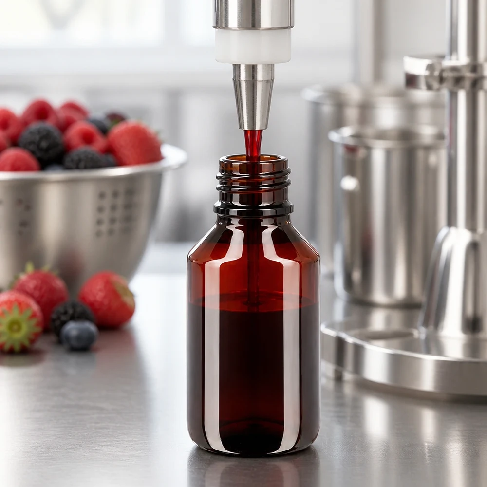 Brązowa butelka PET o pojemności 50 ml z niebieską nakrętką podczas maszynowego napełniania ekstraktem z czerwonych jagód