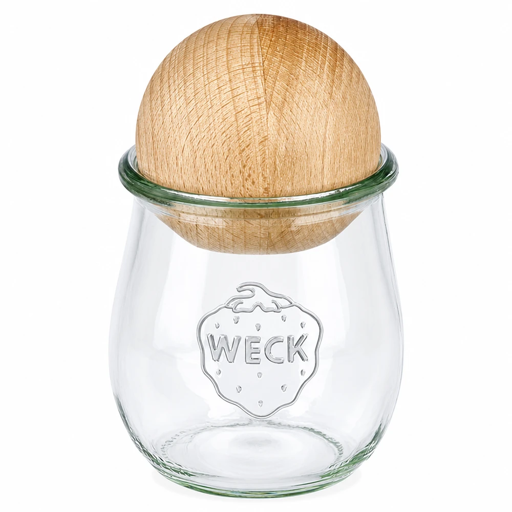 220ml słoik tulipan WECK RR60 z drewnianą kulką buk Słoik na przetwory WECK tulipan 220ml RR60 z pokrywką z naturalnego drewna bukowego, przezroczysty słoik na przetwory z drewnianą pokrywką