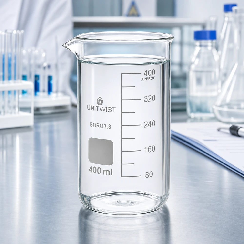 Szklanka UNITWIST o pojemności 400 ml i wysokim kształcie, wypełniona czystą wodą, stojąca na stole ze stali nierdzewnej w laboratorium