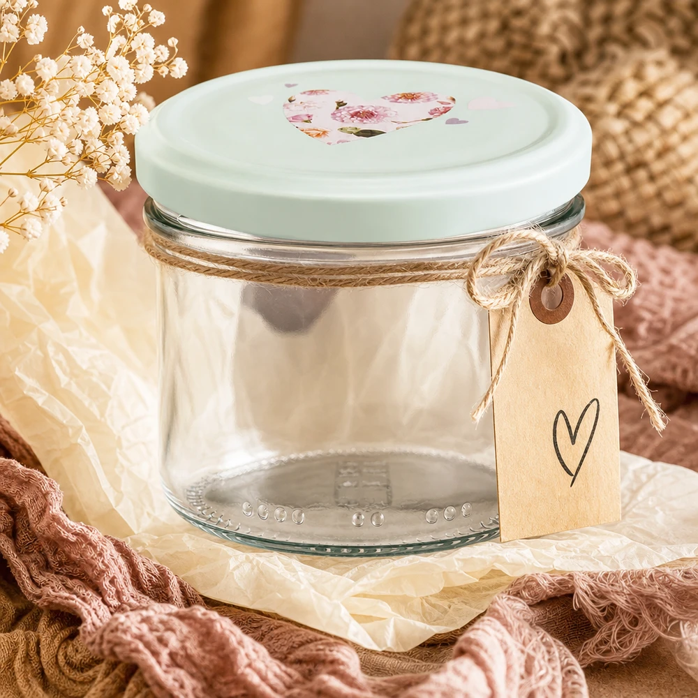 Szklanka cylindryczna 230 ml + pokrywka BasicSeal serce miętowa 230ml Zylinderglas mit mint Herzdeckel romantisch dekoriert mit Juteband Geschenkanhänger und Trockenblumen