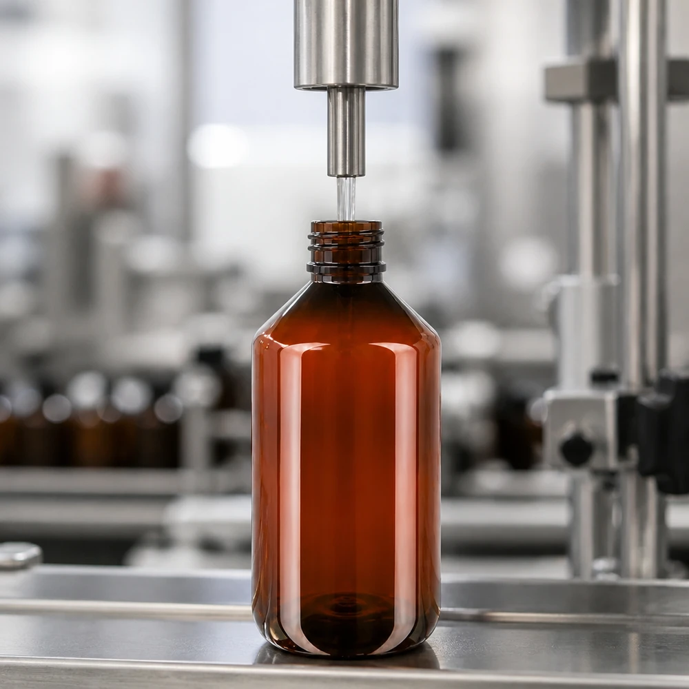 Pharmagerechte PET Flasche 500ml braun mit OV-Sicherheitsverschluss Serienproduktion