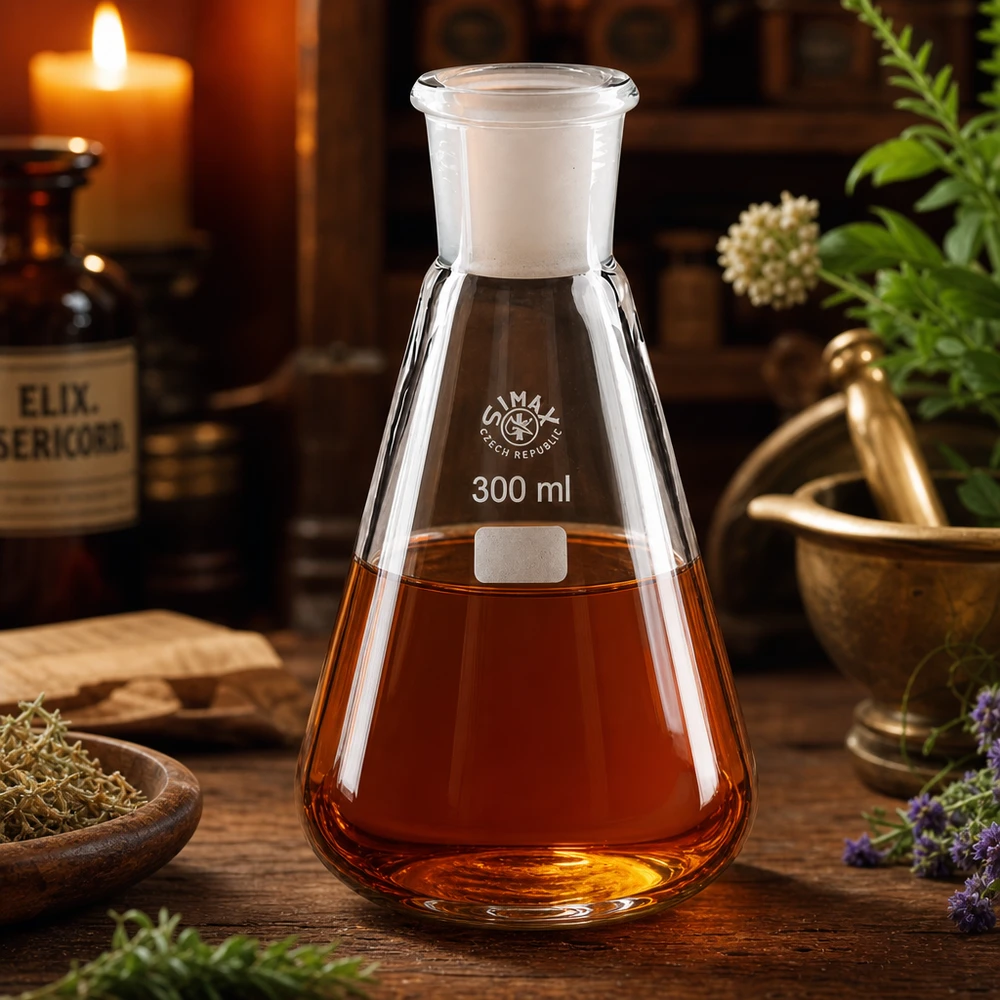 Kolba Erlenmeyera 300 ml z pomarańczowo-czerwoną cieczą i standardowym szlifowanym złączem 29/32 w rustykalnym środowisku laboratoryjnym