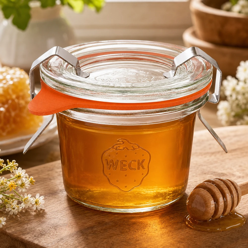 Kubki 35 ml w komplecie WECK RR40 WECK Sturzglas 35ml RR40 mit goldenem Honig gefüllt neben Honiglöffel und Waben zeigt natürliche Lagerung