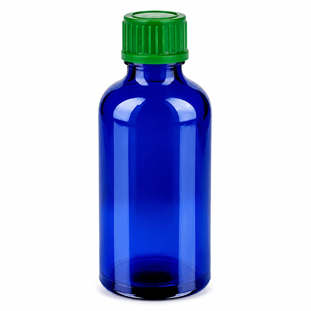 Butelka 50 ml 11 mm SV zielony STD BlueLine UT18/50 50 ml niebieska szklana butelka z zieloną zakrętką na olejki eteryczne i kosmetyki