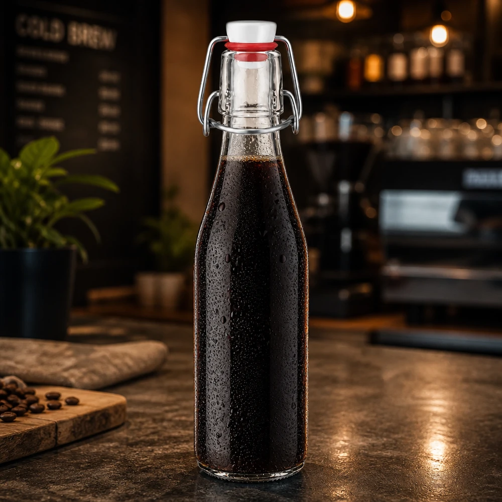 250ml Glasflasche mit dunklem Getränk gefüllt, Bügelverschluss PVC UNiTWIST, stilvolle Küchendeko auf Holztisch