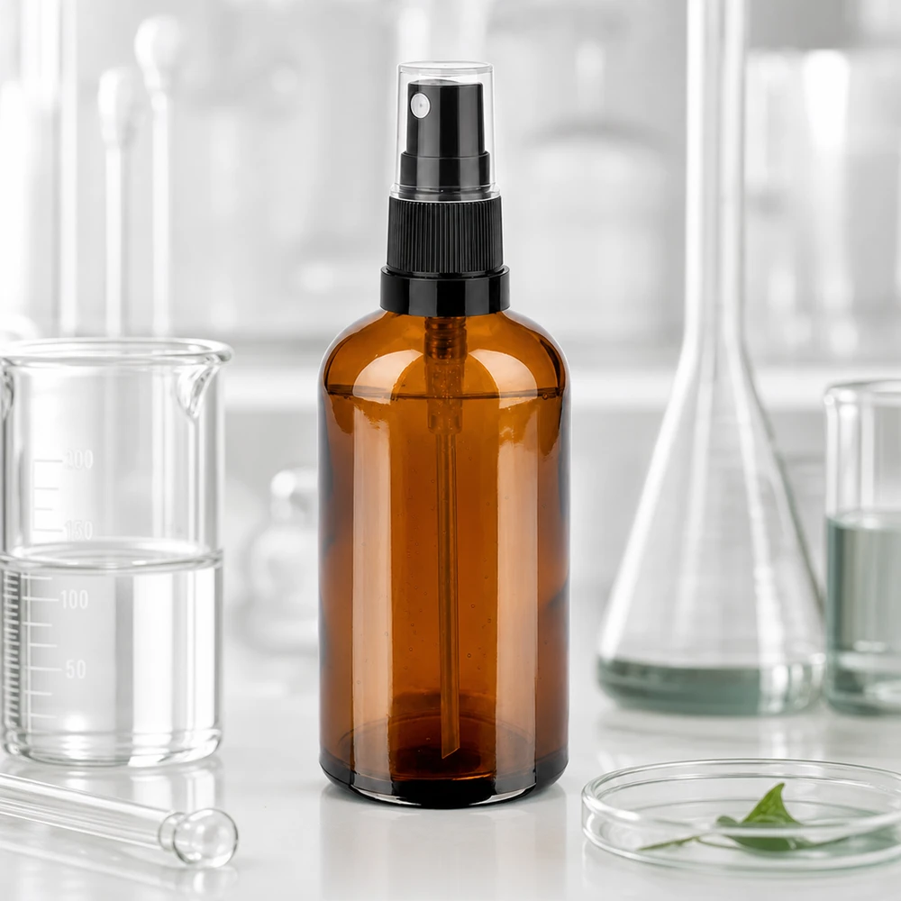 100 ml butelka ze spryskiwaczem czarna/przezroczysta STD BrownLine UT18/100 Wysokiej jakości butelka z rozpylaczem o pojemności 100 ml wykonana z bursztynowego szkła chroniącego przed promieniowaniem UV do wrażliwych płynów