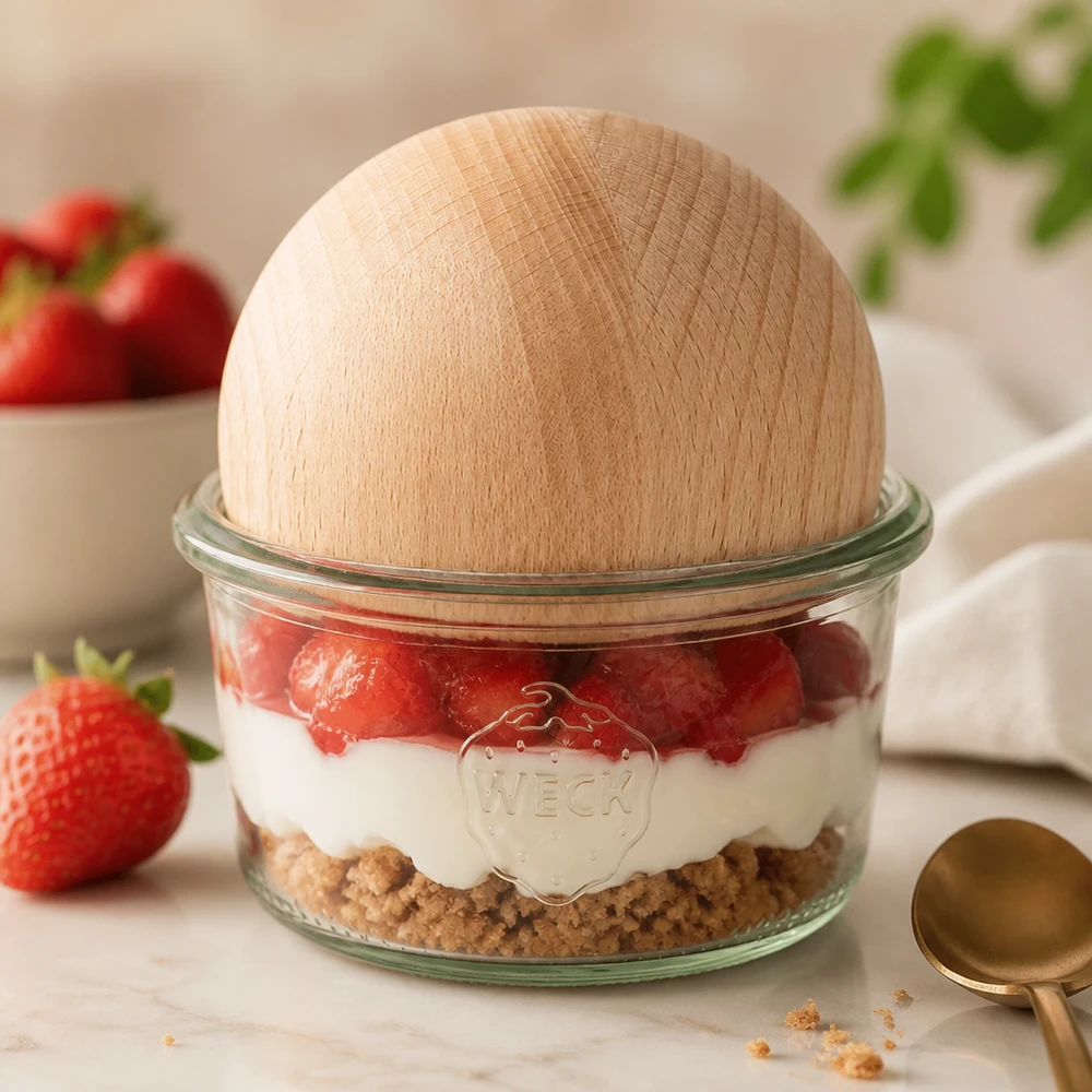 Kubki 165ml WECK RR80 z drewnianą kulką buk Kieliszek WECK RR80 165ml z kulką z drewna bukowego jako słoiczek na deser z warstwą truskawek na marmurowym talerzu