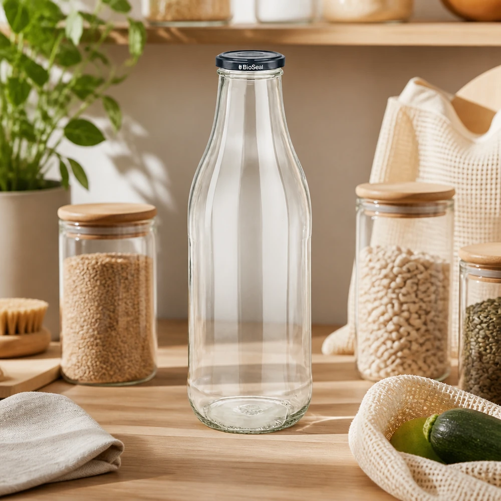 Szklana butelka 1000 ml + pokrywka BioSeal czarna UNiTWIST. Całkowicie szczelna z dużą pokrywką TO48. Do mleka, soków i lemoniady. 1000ml Glasflasche BioSeal Deckel Zero Waste Küche Hülsenfrüchte Vorratshaltung nachhaltige Küchenorganisation