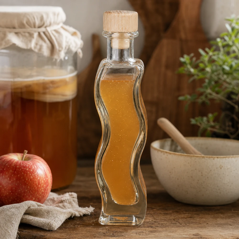 100ml Glasflasche Melissa mit Apfelessig befüllt neben rotem Apfel Mörser Küchenszenerie Holzkorken natürlich