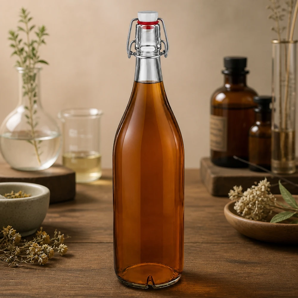 1000ml szklana butelka z PVC w kolorze bursztynowym wypełniona herbatą ziołową naturalna dekoracja drewniany stół