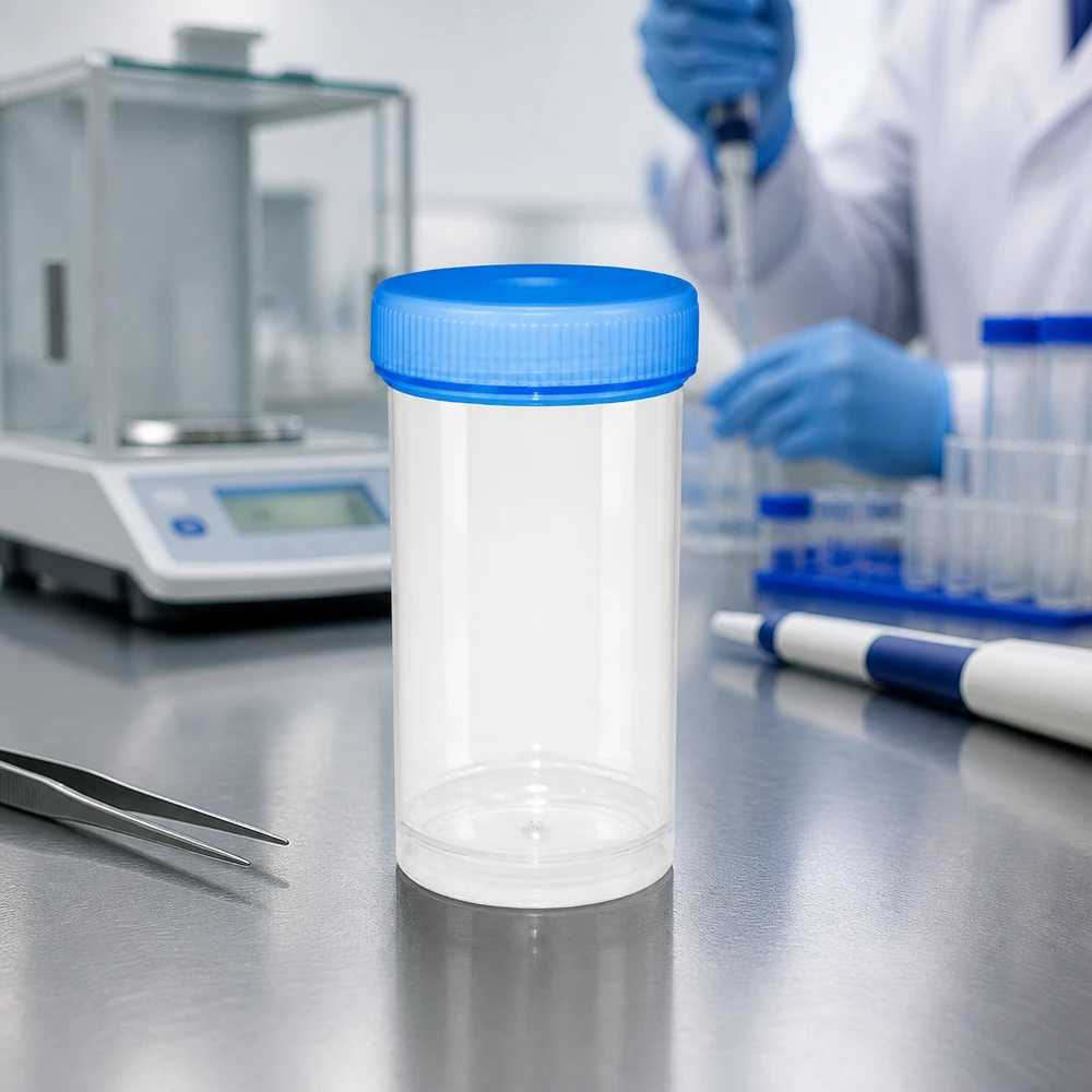 Sterylny pojemnik na próbki o pojemności 100 ml obok wagi analitycznej i pipet w laboratorium medycznym
