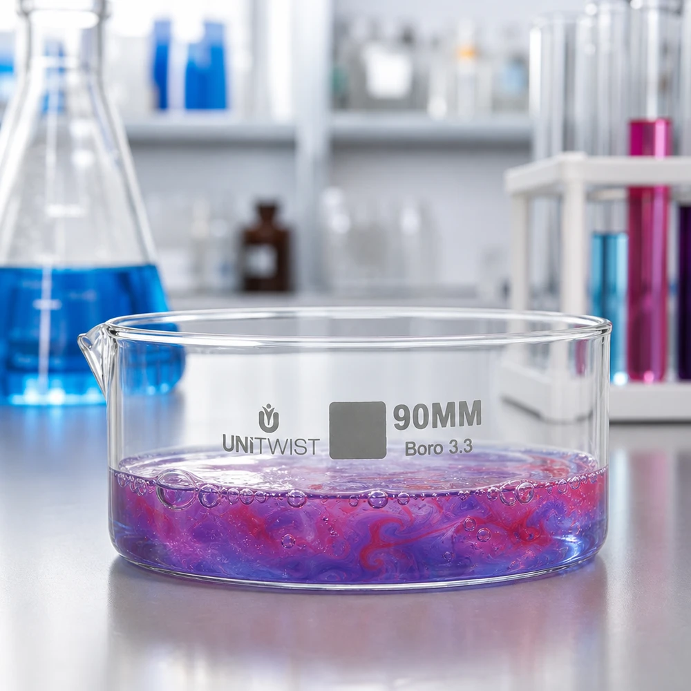 Miska krystalizacyjna 90 mm UNiTWIST z fioletowo-czerwoną cieczą, szkło borokrzemowe, eksperyment laboratoryjny