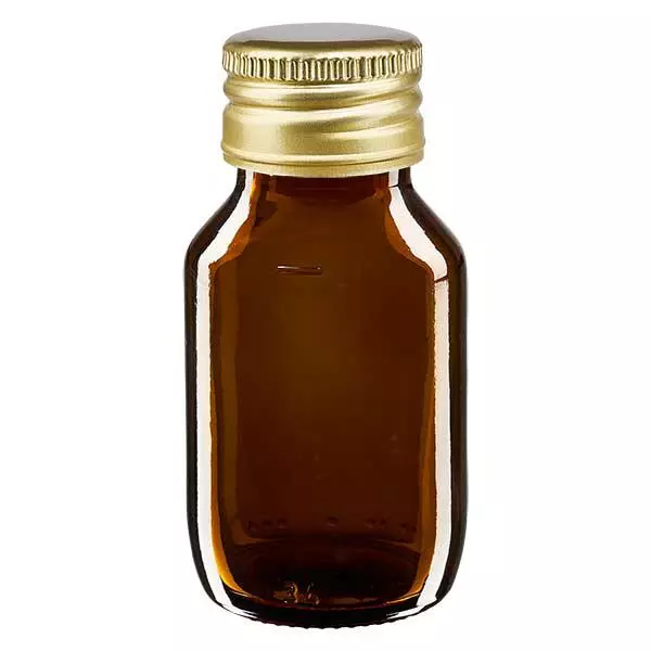 Butelka na lek 50 ml, brązowa, ze złotą aluminiową zakrętką ApoGlas. Farmaceutyczna jakość produkcji UE. Gwint 28 mm (PP28). (syrop, butelka z lekkiego szkła) Butelka na lek 50 ml, brązowa, ze złotą aluminiową zakrętką ApoGlas. Farmaceutyczna jakość produkcji UE. Gwint 28 mm (PP28). (syrop, butelka z lekkiego szkła)