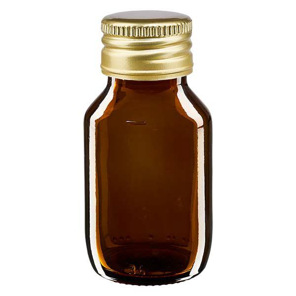 Butelka na lek 50 ml, brązowa, ze złotą aluminiową zakrętką ApoGlas. Farmaceutyczna jakość produkcji UE. Gwint 28 mm (PP28). (syrop, butelka z lekkiego szkła) Butelka na lek 50 ml, brązowa, ze złotą aluminiową zakrętką ApoGlas. Farmaceutyczna jakość produkcji UE. Gwint 28 mm (PP28). (syrop, butelka z lekkiego szkła)