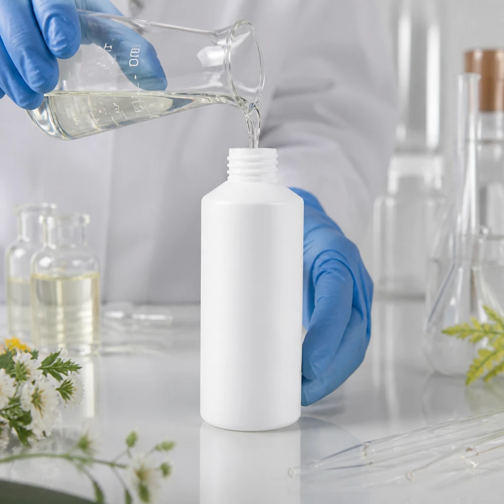 Okrągła butelka apteczna o pojemności 100 ml, wykonana z białego HDPE, jest napełniana płynem w laboratorium