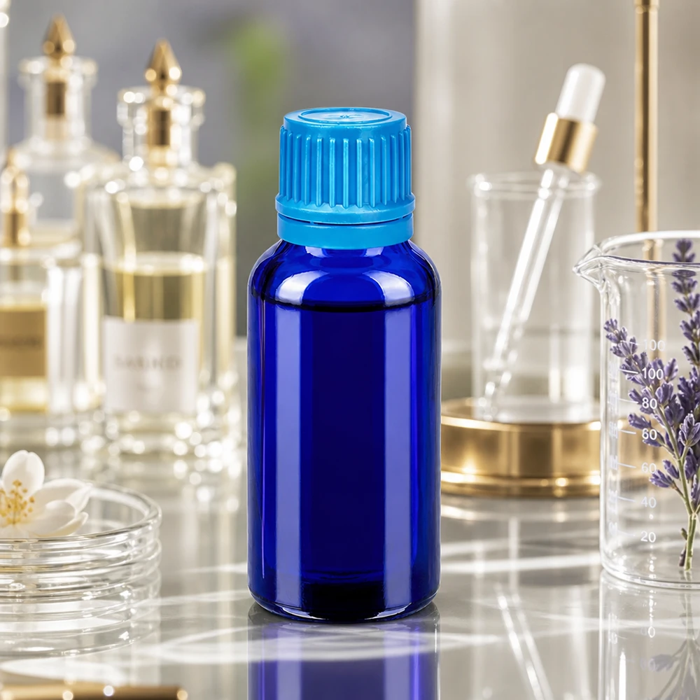 Butelka 30 ml 11 mm SV niebieska OV BlueLine UT18/30 Wytrzymała szklana butelka o pojemności 30 ml ze szczelną zakrętką do bezpiecznego przechowywania