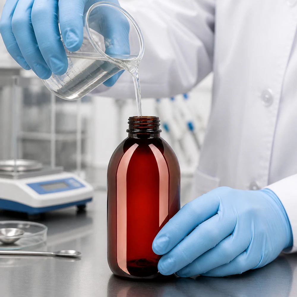 Butelka PET 250 ml z białym standardem OV Laborant napełnia przezroczystą cieczą brązową butelkę PET o pojemności 250 ml z białym zamknięciem zabezpieczającym