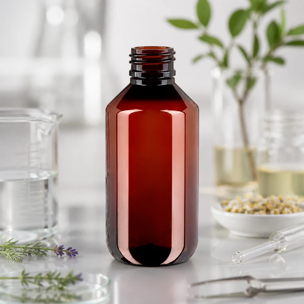 Butelka PET 200 ml z białą/czerwoną nakrętką OV Pusta butelka apteczna z PET o pojemności 200 ml, w kolorze bursztynowym, z zakrętką, na białym blacie laboratoryjnym