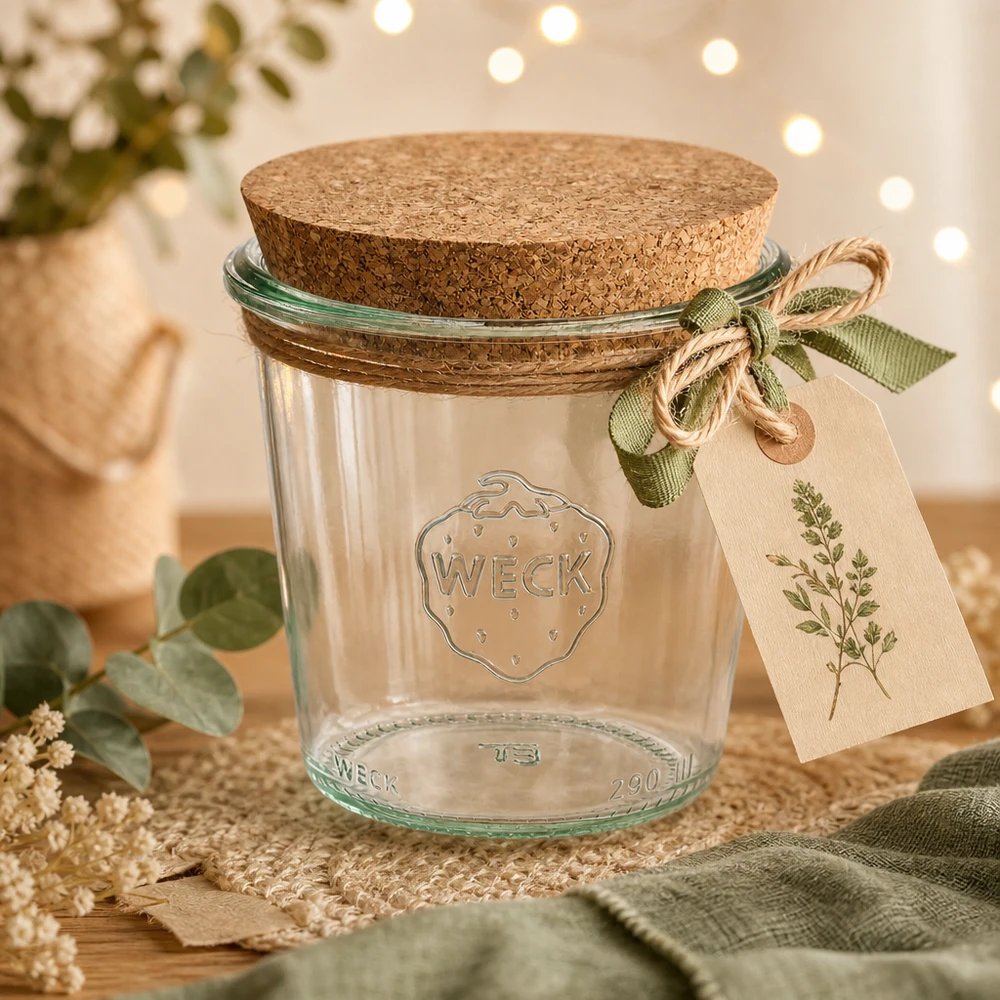 Kubek wysoki 290ml WECK RR80 z korkiem naturalny Kubki WECK 290ml RR80 dekoracyjnie ułożone z korkową pokrywką, przywieszką prezentową i zieloną wstążką na drewnianym stole.