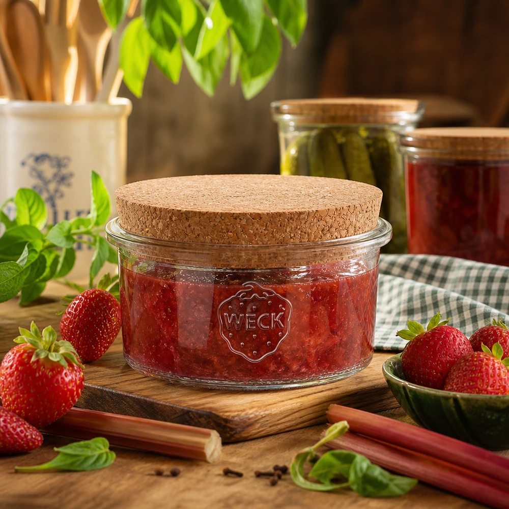 Szklanki 165ml WECK RR80 z korkiem naturalne WECK słoik do przetworów 165ml RR80 wypełniony dżemem truskawkowym Pokrywka z korkiem Kuchenna sceneria Słoik do przechowywania