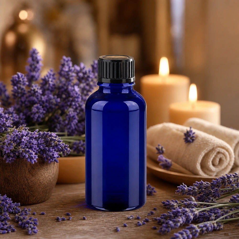 Butelka 30 ml, 11 mm SV, czarna STD BlueLine UT18/30 30 ml butelka do aromaterapii wykonana z kobaltowego szkła z zakraplaczem na olejek lawendowy i wellness