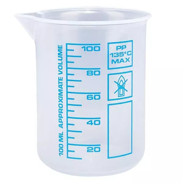 Zlewka pomiarowa 100 ml (zlewka Griffin) PP, antystatyczna, o wysokiej przezroczystości zgodnie z DIN 12.311, z krawędzią bez stopni, z nadrukowaną niebieską skalą Zlewka pomiarowa 100 ml (zlewka Griffin) PP, antystatyczna, o wysokiej przezroczystości zgodnie z DIN 12.311, z krawędzią bez stopni, z nadrukowaną niebieską skalą