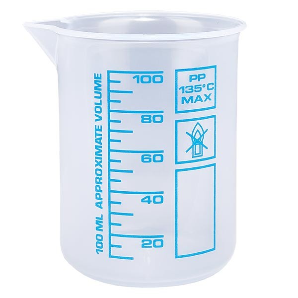 Zlewka pomiarowa 100 ml (zlewka Griffin) PP, antystatyczna, o wysokiej przezroczystości zgodnie z DIN 12.311, z krawędzią bez stopni, z nadrukowaną niebieską skalą Zlewka pomiarowa 100 ml (zlewka Griffin) PP, antystatyczna, o wysokiej przezroczystości zgodnie z DIN 12.311, z krawędzią bez stopni, z nadrukowaną niebieską skalą