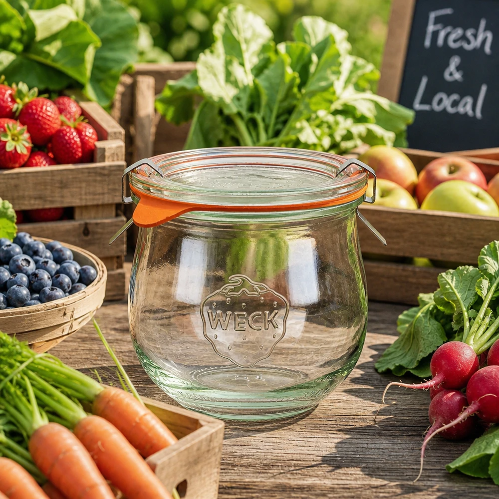 Słoik WECK tulipan 370ml RR80 na stoisku ze świeżymi owocami, warzywami i znakiem Local Fresh dla produktów regionalnych