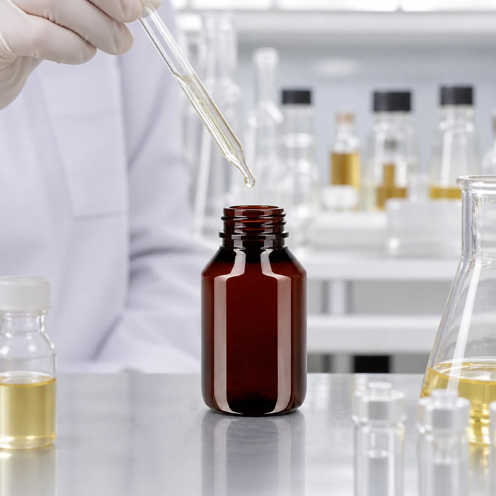 Butelka PET 50 ml z czerwoną nakrętką OV Laborant napełnia brązową butelkę PET o pojemności 50 ml za pomocą pipety w profesjonalnym środowisku laboratoryjnym