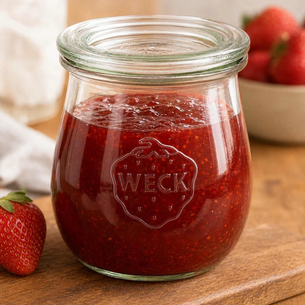 Słoik WECK tulipan 220ml wypełniony dżemem truskawkowym na drewnianej desce ze świeżymi truskawkami w tle