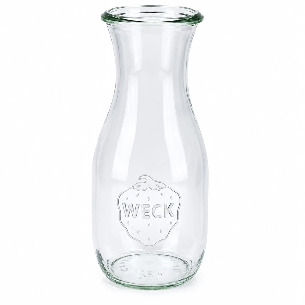 Szklana butelka na sok WECK RR60 o pojemności 530 ml z pokrywką i wytłoczonym logo truskawki, przezroczysta