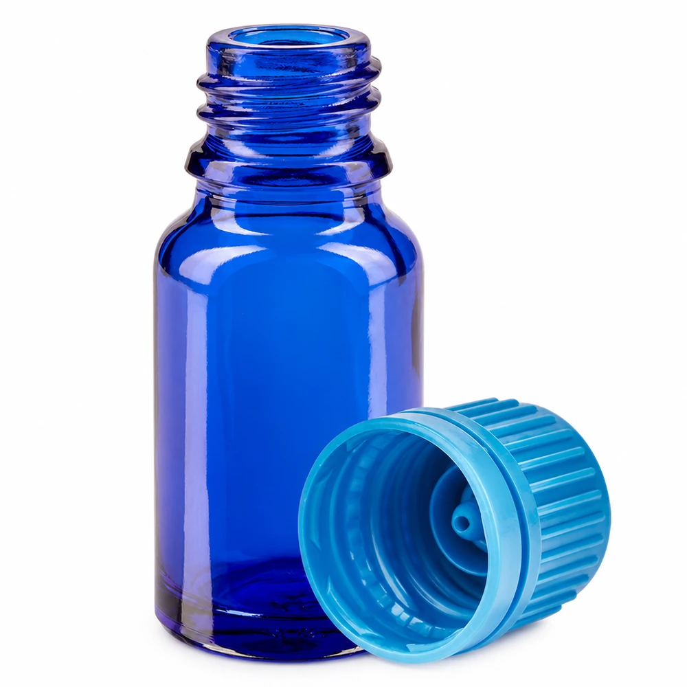 Butelka 10 ml 11 mm SV niebieski OV BlueLine UT18/10 Buteleczka o pojemności 10 ml wykonana z kobaltowo-niebieskiego szkła z jasnoturkusową zakrętką do aromaterapii
